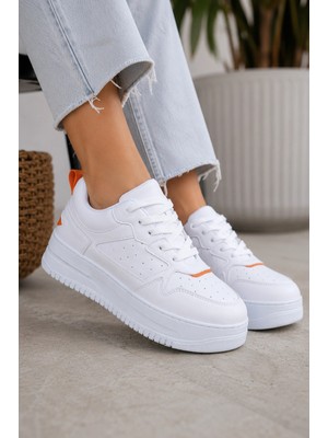 Mevese Avela Kalın Taban Bağcıklı Günlük Kadın Sneaker Beyaz Turuncu Detaylı
