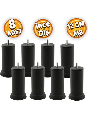 Mey İthalat BADEM10 Mobilya Baza Metal Kanepe Koltuk Destek Ayağı M8 Cinanatalı Ince Diş Siyah Metal Ayak 12 cm 8 Adet, BADEM10, Small