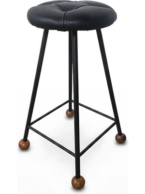 Wood Stone Art Bar Taburesi 65CM Kapitoneli Suni Deri Ahşap Topuz