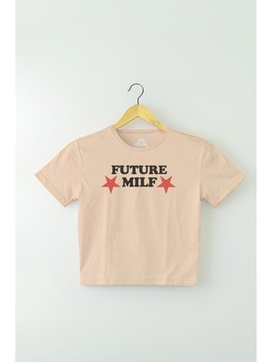 So Cool Bej Renk Crop Future Milf Yazı Baskılı Y2K Kadın Tişört Baby Tee