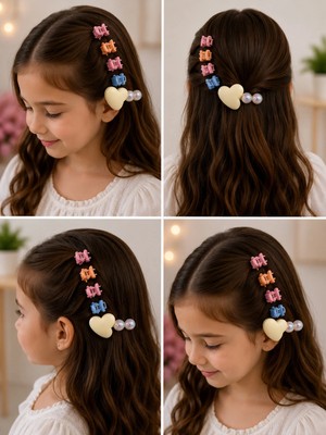 Bymiel Kız Çocuk Pastel Mini Mandal Toka ve Krem Kalp Figürlü Inci Detaylı Saç Tokası 5'li Set