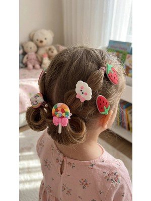Bymiel Kız Çocuk Çilek Lolipop ve Gökkuşağı Figürlü 8'li Yan Klips Toka ve Lastik Saç Tokası Seti
