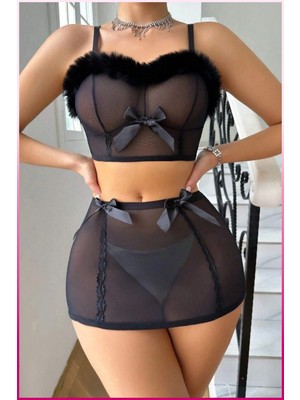 Nemere Siyah Tül Kurdele Detaylı Seksi Iç Giyim Seti