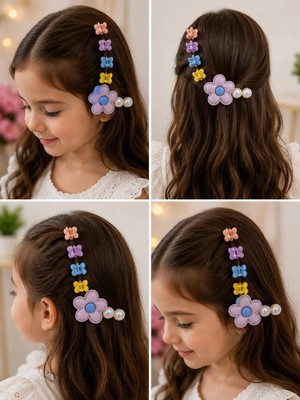 Bymiel Kız Çocuk Renkli Kelebek ve Çiçek Figürlü Mini Mandal Saç Tokası 5'li Set
