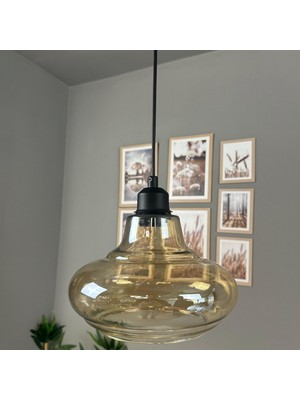 Bamyum Lumsa Cam Bal Rengi Tekli Avize Siyah Yarım Lale Başlık Retro Sarkıt Lamba Salon Aydınlatma