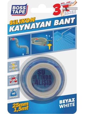 Mey İthalat Boss Tape Silikon Kaynayan Tamir Bandı EN:25MM Boy:1,5mt Beyaz