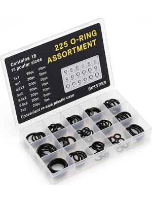 Mey İthalat Busstier 225 Parça Kauçuk O-Ring Conta Seti Su Geçirmez Sızdırmazlık Halkası Assortment Tamir Bakım Seti 18 Farklı Boy Silikon Lastik Conta Seti Musluk Hortum Araç Tesisat Uyumlu