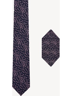 Erkek Lila Desenli Slim Kravat Mendil Set