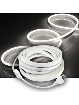 Burul 10 Metre Beyaz Neon Şerit LED Fişli 220V Esnek Dış Mekan, Bahçe, Açık Alan Dekoratif Aydınlatma