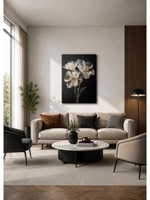 Zera Wall Mdf Tablo Siyah Zemin Üzerinde Beyaz Çiçek Tasarımı Modern Salon Duvar Dekorasyonu
