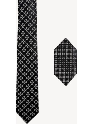 Erkek Siyah Desenli Kravat Mendil Set