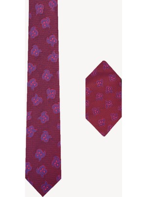 Erkek Bordo Desenli Kravat Mendil Set