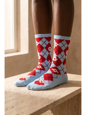 Bony Socks Kadın Çiçek Desenli Ekoseli Soket Çorap Mavi