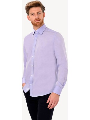 Erkek Lila Uzun Kol Slim Fit Saten Gömlek