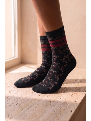 Bony Socks Kadın Çiçek Desenli Pamuklu Soket Çorap Siyah