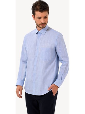 Erkek Mavi Regular Fit Klasik Yaka Uzun Kol Gömlek