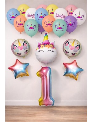 Mey İthalat Gökkuşağı Konsepti Unicorn Temalı 1 Yaş Doğum Günü Parti Kutlama Seti