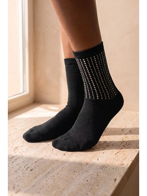 Bony Socks Kadın Taş Aksesuarlı Pamuklu Soket Çorap Siyah