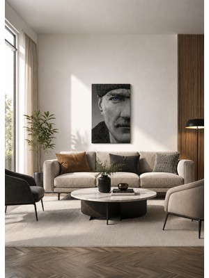 Zera Wall Mdf Tablo Tekli Atatürk Portresi, Siyah Beyaz ve Mavi Göz Detaylı Modern Salon Duvar Dekorasyonu
