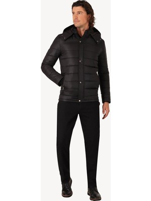 Erkek Siyah Regular Fit Kapüşonlu Kaban