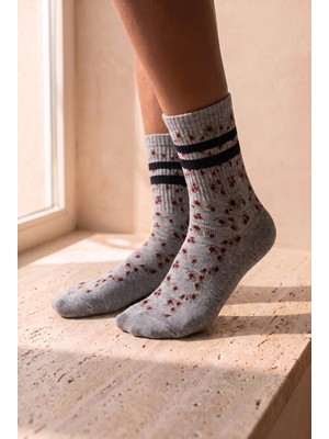 Bony Socks Kadın Çiçek Desenli Pamuklu Soket Çorap Gri