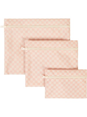 Mey İthalat Ocean Home Textile 3'lü Su Geçirmez Pvc Astarlı Pembe Dama Desen Islak Kuru Çantası 20 x 13/24 x 20/30 x 24 cm