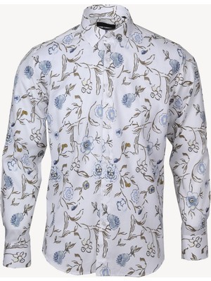 Erkek Beyaz Çiçek Desenli Slim Fit Gömlek