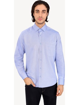 Erkek Mavi Uzun Kol Klasik Desenli Cotton Gömlek