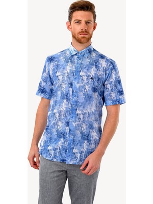 Erkek Mavi Kısa Kol Karışık Desenli Slim Fit Gömlek