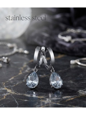 Stainless Steel 316L Çelik Gümüş Renk Saydam Damla Modelli Küpe