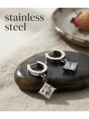 Stainless Steel 316L Çelik Gümüş Renk Saydam Kare Taşlı Küpe
