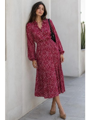 Madmext Bordo Uzun Kollu Düğmeli Desenli Elbise MG2431
