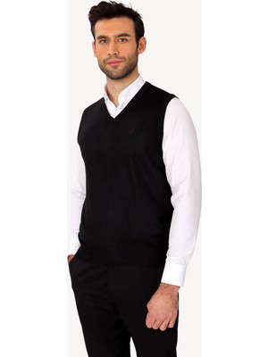 Ysf Erkek Siyah Klasik Yünlü V yaka Triko Süveter