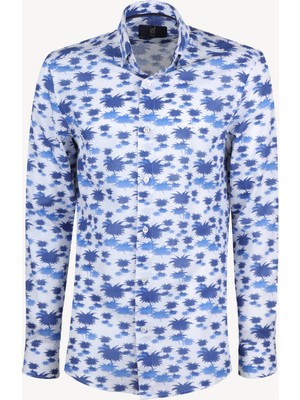 Erkek Mavi Beyaz Slim Fit Palmiye Desenli %100 Keten Gömlek