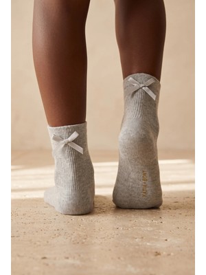 Bony Socks Kadın Kurdele Aksesuarlı Soket Çorap Gri Melanj