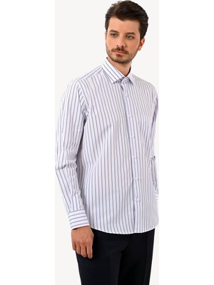 Erkek Beyaz Cotton Uzun Kol Çizgili Klasik Gömlek
