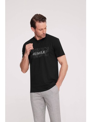 Ysf Erkek Siyah Bisiklet Yaka Desenli T-Shirt