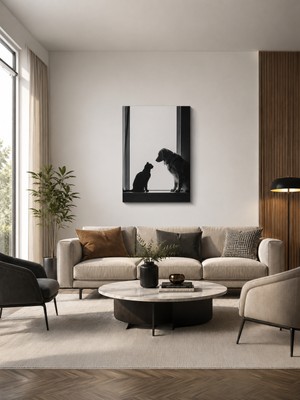 Zera Wall Mdf Tablo Tekli Pencerede Karşılaşan Kedi ve Köpek Siyah Beyaz Modern Salon Duvar Dekorasyonu