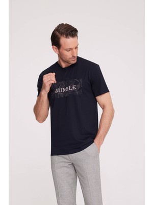 Ysf Erkek Lacivert Bisiklet Yaka Desenli T-Shirt