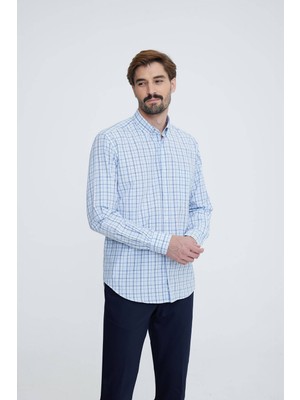 Erkek Mavi Regular Fit Uzun Kol Yaka Düğmeli Gömlek