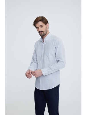 Erkek Beyaz Mavi Uzun Kol Regular Fit Yaka Düğmeli Gömlek