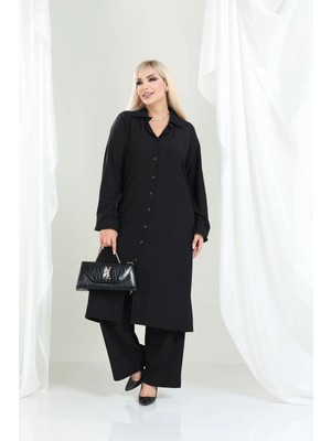 Şuranur Kadın Bürümcük Gömlek Yaka Tunik Takım Düğmeli 2XL 6XL Tesettüre Uygun Günlük ve Özel Olaylar İçin