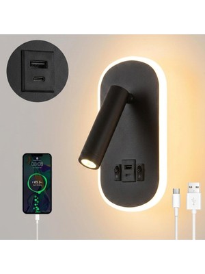 SeckinStore Dekoratif Yatak Başı Okuma Lambası 15 Watt Gün Işığı Çift Kademeli USB ve Type-C Giriş Siyah
