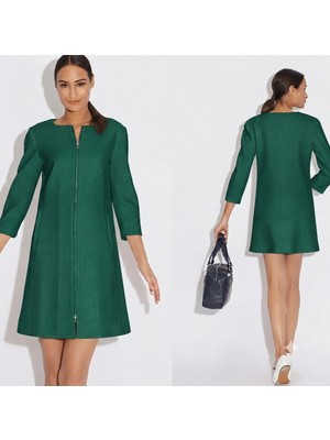 Nake Butik Fermuarlı Sıfır Yaka Düz Kesim Uzun Kollu Dokulu Mini Elbise