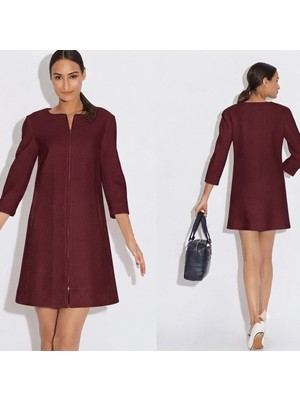 Nake Butik Fermuarlı Sıfır Yaka Düz Kesim Uzun Kollu Dokulu Mini Elbise