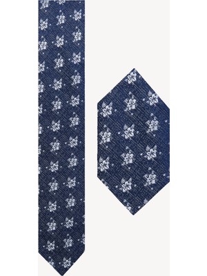 Erkek Lacivert Çiçek Desen Kravat Mendil Set