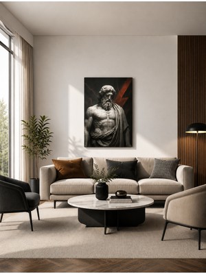 Zera Wall Mdf Tablo Antik Mitolojik Erkek Heykeli ve Kırmızı Şimşek Detaylı Modern Salon Duvar Dekorasyonu