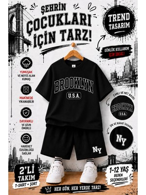 Overmax Brooklyn Baskılı Çocuk Takım – Tişört & Şort 2’li Kombin | 1-12 Yaş Trend Yazlık Takım