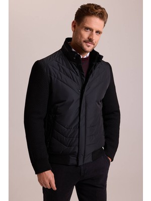 Ysf Erkek Siyah Slim Fit Kolu Trikolu Mont