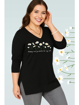 Curvy Trend Büyük Beden Daisies Baskılı V Yaka Uzun Kol Yan Yırtmaçlı Bluz Siyah